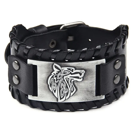 Bracciale in pelle con testa di lupo